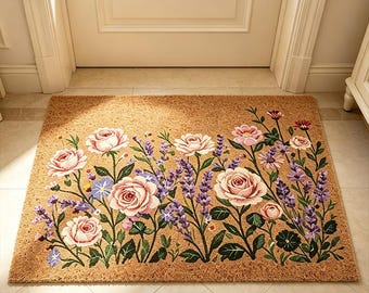 Vintage Rose & Lavendel Blumen Fußmatte, Wildblumen Willkommen Matte, Pastell Blumen Eingangsbereich Teppich, Frühling botanische Fußmatte, botanische Haustürdekoration