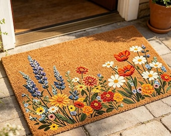 Colorful Wildflower Border Doormat, Cottagecore Spring Floral Front Door Mat, Boho Garden Porch Entryway Rug, Housewarming Welcome Gift