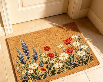Wildflower Poppy Lupine Doormat,Spring Floral Welcome Mat,Cottagecore Entryway Mat,Mixed Wildflower Door Mat,Daisy Doormat
