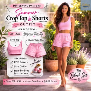Puede incluir: Un patrón de costura DIY para un conjunto de top corto y shorts de verano. El diseño es apto para principiantes e incluye un patrón PDF, una guía de tallas e instrucciones paso a paso. El conjunto color rosa está disponible en tallas XS-XXL. La imagen muestra a una mujer con el conjunto.