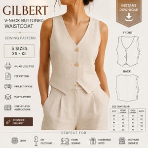 Può includere: Modello di cucito per gilet con bottoni e scollo a V in lino beige, etichettato "GILBERT", con taglie XS-XL. Include una tabella delle taglie in centimetri. Istruzioni "Beginner Friendly". Ideale per cucito fai-da-te.