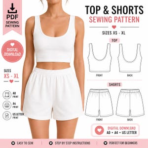 May include: A digital sewing pattern for a white tank top and shorts set, featuring technical line drawings of the front and back views for both pieces. The text includes TOP & SHORTS SEWING PATTERN, SIZES XS - XL, and DIGITAL DOWNLOAD.
