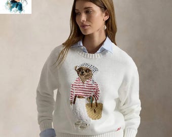 Suéter blanco roto de Polo Bear Ralph Lauren, jersey de punto vintage de lujo