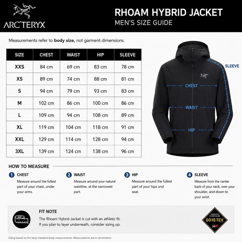 Puede incluir: Chaqueta h&iacute;brida Rhoam negra de Arc'teryx con una gu&iacute;a de tallas. La gu&iacute;a incluye medidas de pecho, cintura, cadera y manga en cent&iacute;metros para las tallas XXS a 3XL. La chaqueta tiene capucha y etiqueta Gore-Tex.