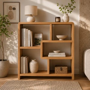 May include: A light oak wood bookshelf with multiple shelves, holding books, a lamp, vases, and decorative items. The design features a unique, curved shape and a woven basket. The room is decorated with a neutral color palette.