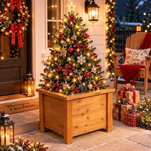 Könnte beinhalten: Ein geschmückter Weihnachtsbaum in einem quadratischen Pflanzkasten aus Holz. Der Baum ist mit warmweißen Lichterketten, roten und goldenen Kugeln, karierten Schleifen, Tannenzapfen und einem Stern geschmückt. Er steht auf einer Steinterrasse.