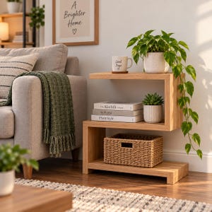 May include: A light wood S-shaped side table featuring three horizontal surfaces. The top surface holds a white mug with the text Good Days and a potted trailing plant. The middle surface holds three stacked books and a small potted succulent.