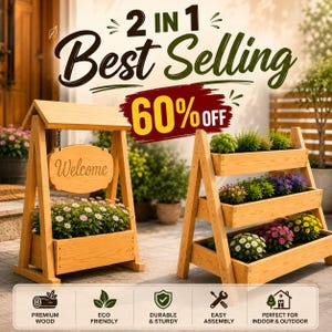 Puede incluir: Un soporte de madera para plantas en forma de A con un letrero colgante de Welcome y un soporte de madera de tres niveles. La imagen incluye el texto 2 IN 1 Best Selling 60% OFF, junto con iconos de madera premium, ecológico, duradero y fácil montaje.