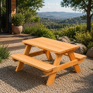 May include: A wooden picnic table with attached benches. The table and benches are made of light-colored wood and are set on a gravel surface. The table is rectangular, and the benches are parallel to the table. The background features a scenic view.