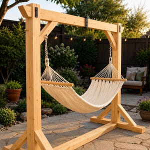 Peut inclure: Un support de hamac en bois de couleur claire naturelle doté d'un cadre rectangulaire robuste avec des poutres de support diagonales. Un hamac en tissu tissé crème avec des barres d'écartement en bois est suspendu par des chaînes.