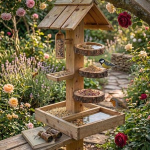 May include: A wooden bird feeder with multiple levels, including a roof, seed dispensers, and water dishes. The feeder is surrounded by a lush garden with roses and other flowers. A bird is perched on the feeder.