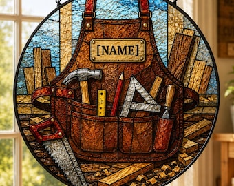 Atrapasueños personalizado para carpintero, adorno colgante para ventana con delantal de herramientas con nombre personalizado, decoración de carpintería estilo vidriera, regalo para manitas.