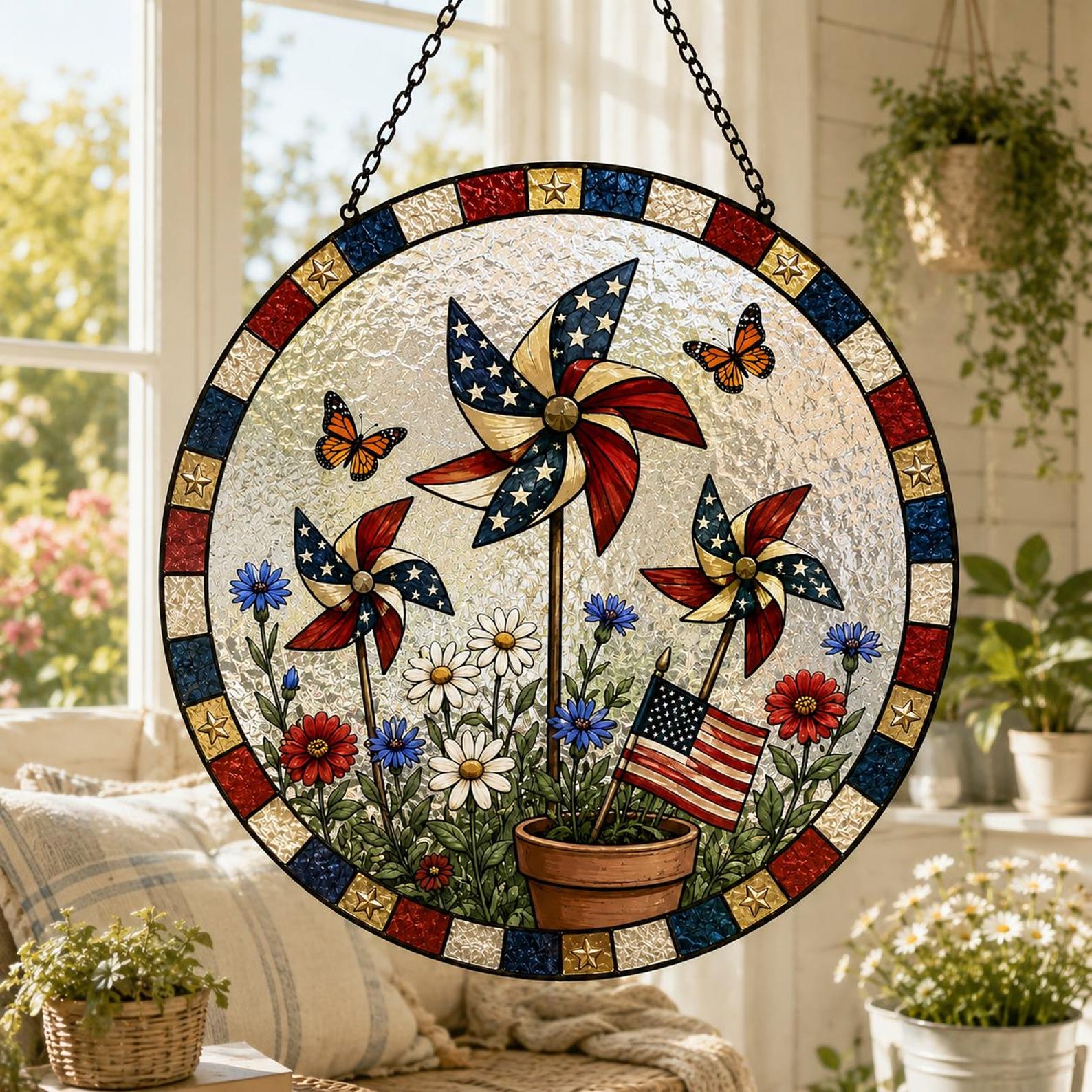 Pinwheel Window Display Independence Day Patriotic Pinwheel Garden Suncatcher, July 4th Window ...