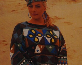 Breipatroon voor een patchworktrui (PDF) + muts | Geometrische Fair Isle-trui | Trui met vintage kleuren | Intarsia-volkskunstbreiwerk | Digitaal