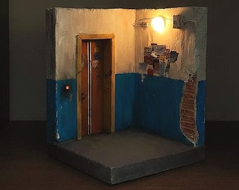 Diorama Soviet Apartment Miniature 1:15, Doomer Stairwell Entrance, Grunge Urban Decor | LED Lamp Decor | Custom Wall Text