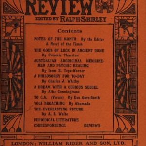 May include: A vintage magazine cover from July 1917, titled "The Occult Review," edited by Ralph Shirley. The cover is orange with black text and decorative elements, including the contents and publisher information.
