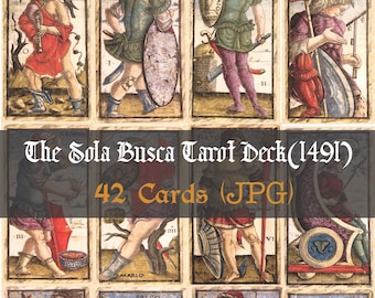 Baraja de Tarot Sola Busca / 42 ilustraciones de cartas del Tarot del Renacimiento / Baraja de Tarot completa más antigua de 1491 / Láminas de arte ocultista antiguo JPG