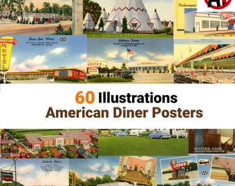 ヴィンテージアメリカンダイナーポスター | JPEG 60枚セット | レトロカフェウォールアート、AI不要 - ミッドセンチュリー印刷可能セット | ジャンクジャーナルドライブイン | デジタル