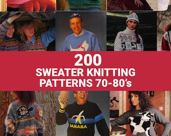 200 wzorów na swetry vintage | Zestaw PDF z ubraniami retro z lat 70. i 80. | Kolorowanka Fair Isle Intarsia | Natychmiastowe pobranie pliku PDF w wersji cyfrowej