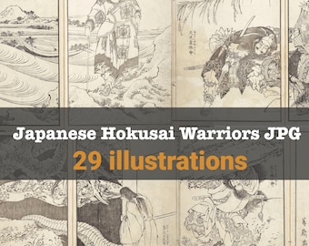 Paquete de láminas digitales de guerreros de Hokusai / 29 ilustraciones japonesas antiguas en xilografía / Wakan Ehon Sakigake 1836 / Descarga instantánea JPG