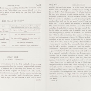 May include: A vintage book page with text and tables. The page is from a book on Talismanic Magic, featuring sections on the Scale of Unity and Chapter XVII. The text is in black ink on aged, off-white paper, with a classic serif font.