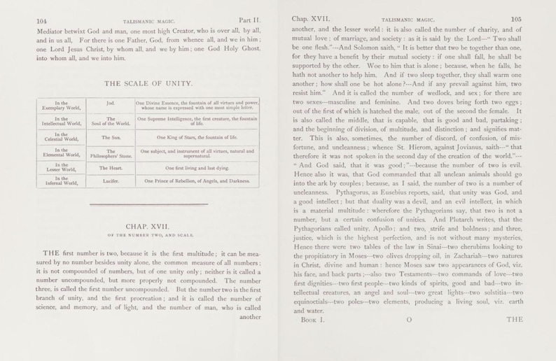 May include: A vintage book page with text and tables. The page is from a book on Talismanic Magic, featuring sections on the Scale of Unity and Chapter XVII. The text is in black ink on aged, off-white paper, with a classic serif font.