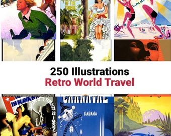 250枚のヴィンテージ旅行ポスターセット（AI不要）｜レトロな旅行ウォールアート｜アールデコ調ポスタープリント｜都市と国の観光プリント｜デジタルウォールアート