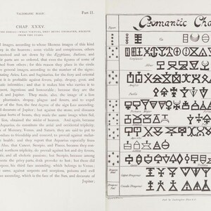 May include: An open book with two facing pages. The left page contains text, while the right page features a chart titled "Geomantic Characters" with various symbols and figures. The text on the left discusses celestial images.