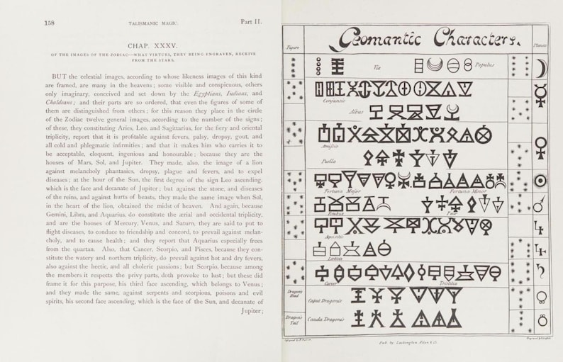 May include: An open book with two facing pages. The left page contains text, while the right page features a chart titled "Geomantic Characters" with various symbols and figures. The text on the left discusses celestial images.