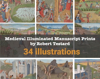 Paquete de 34 ilustraciones de fantasía vintage de manuscritos iluminados medievales - Les Secretz de l'Histoire Naturelle 1485 - Arte de pared imprimible JPG