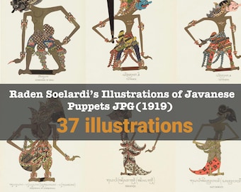 Paquete de 37 marionetas de sombras Wayang Kulit vintage - Ilustraciones exóticas de guerreros antiguos y personajes mitológicos javaneses - Arte del Mahabharata JPG