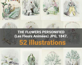 Paquete JPG de 52 damas de flores victorianas, arte digital personificado de flores de Grandville, ilustraciones botánicas vintage Les Fleurs Animées 1847