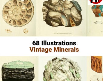68枚のヴィンテージ鉱物プリント｜アンティーク鉱物学イラスト｜地質学宝石ウォールアート｜ジャンクジャーナルエフェメラ｜デジタルダウンロードセット