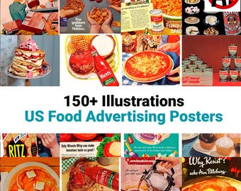 150点のヴィンテージ食品広告イラストセット | AI不使用、レトロなキッチンウォールアート、1950年代の広告プリント | ミッドセンチュリーダイナーの装飾画像（デジタル）