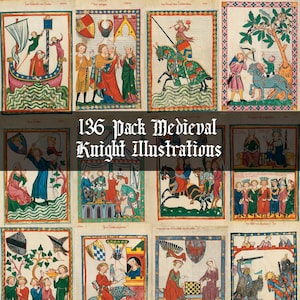 Puede incluir: Una colección de ilustraciones medievales de caballeros, con escenas de caballeros, realeza y eventos históricos. Las imágenes están enmarcadas con bordes decorativos y presentan una variedad de colores y estilos. Se muestra el texto "136 Pack Medieval Knight Illustrations".