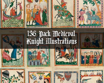 136 Medieval Knight Illustrations Pack – Codex Manesse Art, Vintage Miniatures, Knights, Heraldry, Castle Scenes, Printable Wall Art