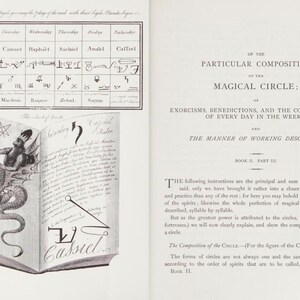 May include: An open book with detailed illustrations and text, featuring a drawing of a figure riding a dragon. The book is part of a larger work on the composition of a magical circle.