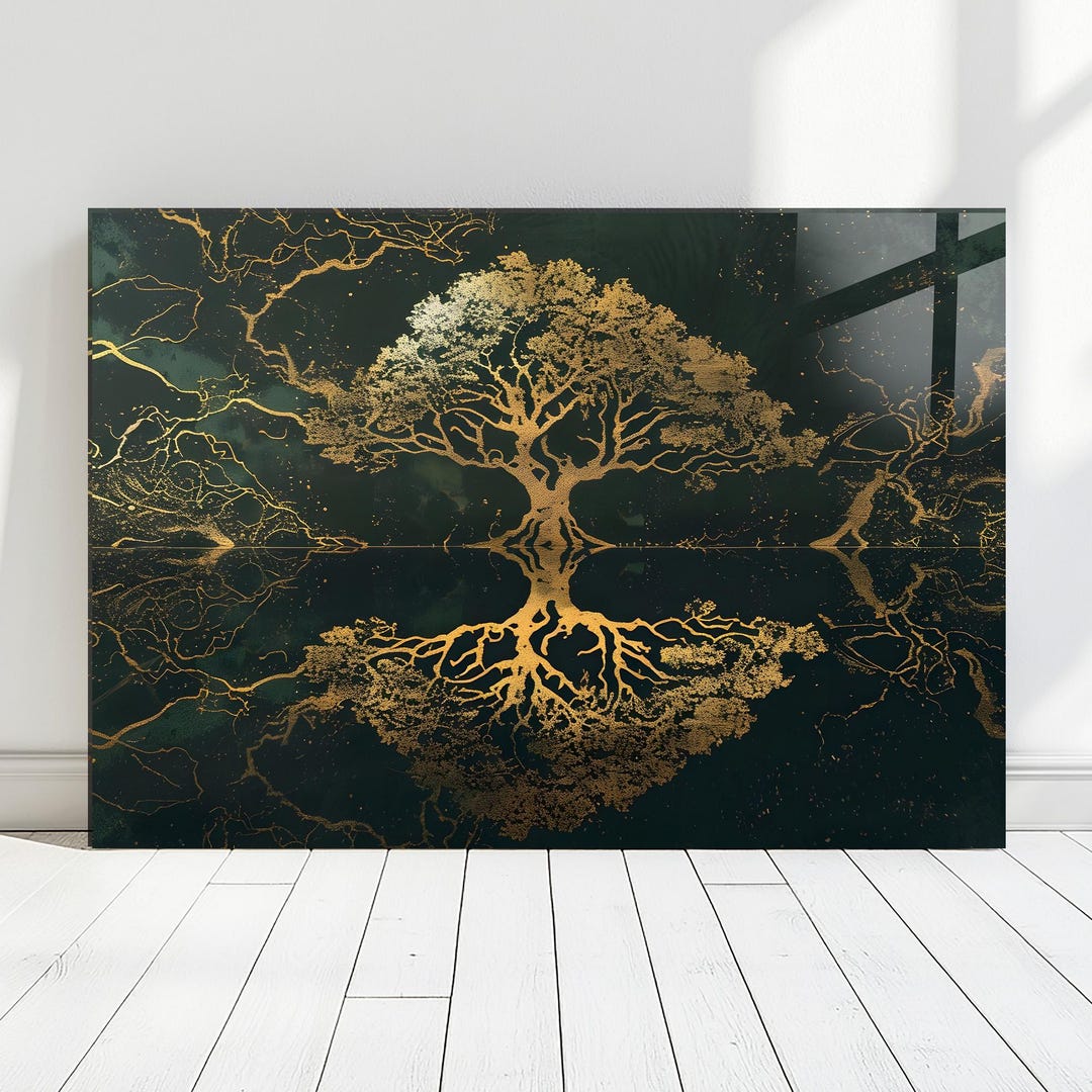 Tree of Life Wall Art, Dark Green Gold Abstract Botanical Decor ...