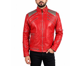 Chaqueta de cuero roja para hombre con mangas desmontables, estilo motero.