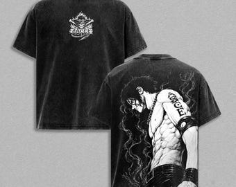 Ace Fire Fist Anime Graphic T-Shirt, Vintage Washed Cotton Streetwear Tee