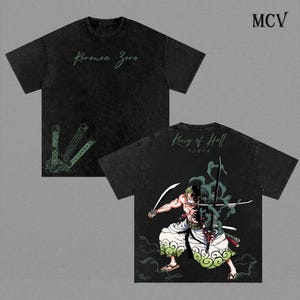 May include: Black t-shirt featuring a front design with the text "Roronoa Zoro" and a graphic of three swords. The back of the shirt displays an illustration of a character with swords and the text "King of Hell".