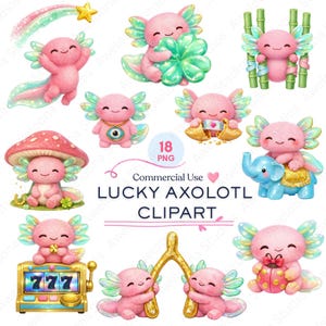 May include: A collection of 18 PNG clipart images featuring adorable pink axolotls. Each axolotl is depicted in various poses, holding lucky charms like a four-leaf clover, a wishbone, and a fortune cookie. The images have a cute, cartoon style.