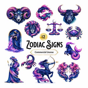 Kosmisk godis zodiak clipart-paket, 12 stjärntecken PNG, himmelsk astrologiillustrationer, hög upplösning (kommersiellt bruk)