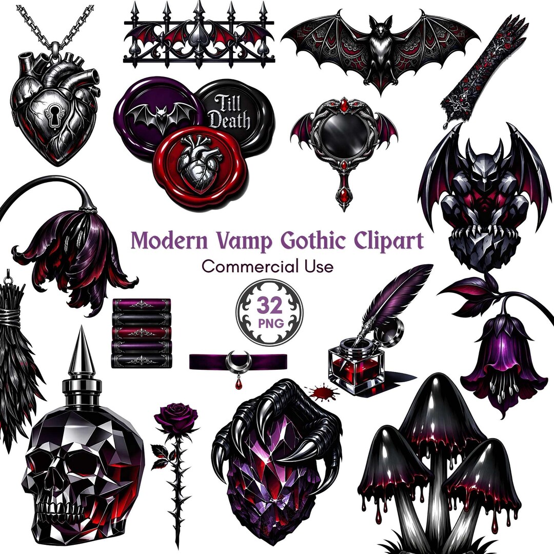 Modern Vamp Gothic Clipart Bundle 32 PNG | Dark Spooky Elegant Clipart ...