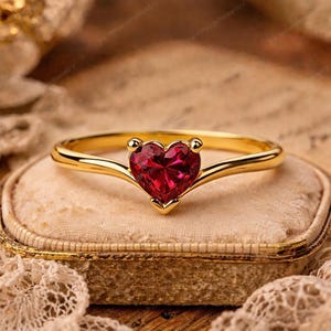 Heart Ruby Ring in 925 Sterling Silver, Dainty Red Gemstone Ring, Romantic Gift for Her, Minimalist Jewelry