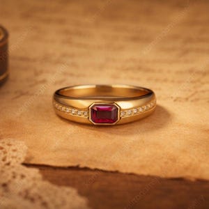 Anillo de rubí con banda de plata de ley 925, anillo de piedra roja de estilo vintage, joyería minimalista apilable, regalo para ella.