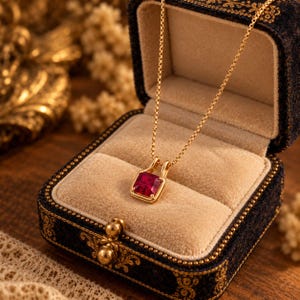 May include: A gold necklace featuring a square-cut, deep red gemstone pendant suspended from a delicate box chain. The jewelry piece is displayed inside a dark navy blue velvet-lined box with gold-toned decorative trim along the exterior edges.