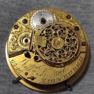 Georgian verge fusee watch movement. Signed, William Sinclair Edinburgh. Not running.
