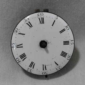 May include: A white clock face with black Roman numerals and minute markers. The clock face has a black outer ring and two small metal tabs at the top. The hands are missing.