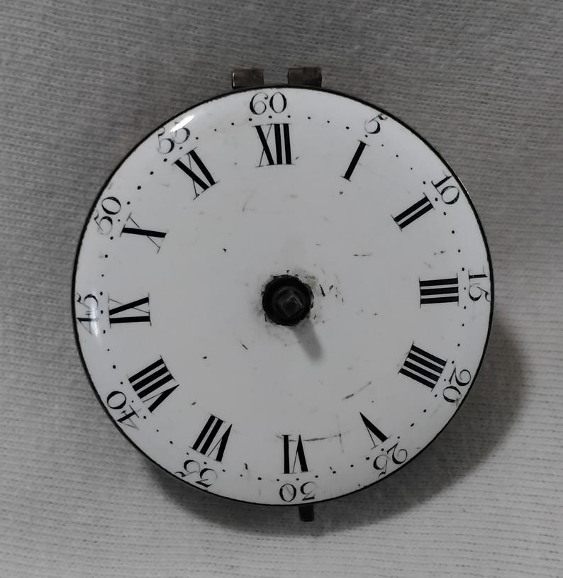 May include: A white clock face with black Roman numerals and minute markers. The clock face has a black outer ring and two small metal tabs at the top. The hands are missing.